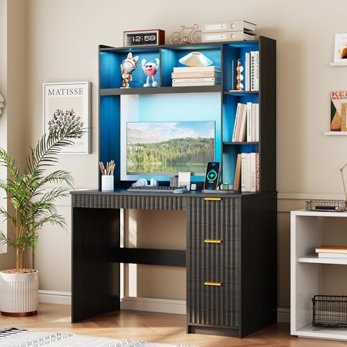 Modern Smart LED Study Desk with Hutch & Storage Cabinet - 3 Color LED Lighting, Card-Based Lock & USB Charging Ports, Multipurpose Computer Desk for Home Office & Student,Black - color: Blackx2