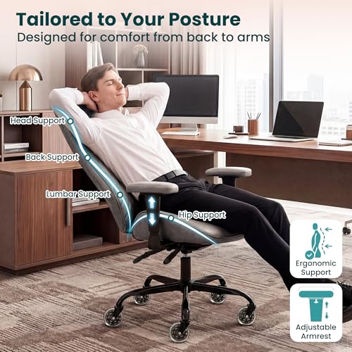 NEO CHAIR Leather Office Chair with Ergonomic Design, Executive Chair Grey | Computer Desk Chair with Lumbar Support, Adjustable Height Arms, Comfy Home Office Chair, Smooth Rolling and Swivel Design - color: H. High-back Grey
