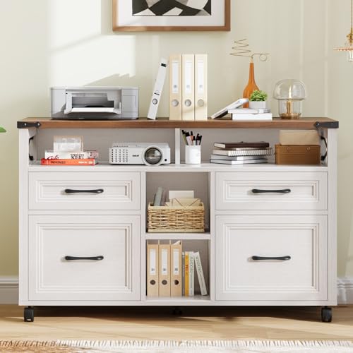 Halitaa Farmhouse Filing Cabinet with Adjustable Shelf & Wheels, Off White - color: Off White, size: 4 Drawers&Wheels