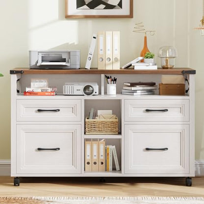 Halitaa Farmhouse Filing Cabinet with Adjustable Shelf & Wheels, Off White - color: Off White, size: 4 Drawers&Wheels