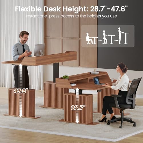 SEDETA Standing Desk with Storage, 55" Fluted Stand Up Desk with Power Outlets and LED Lights, Height-Adjustable Table with Monitor Shelf for Home Office & Gaming, Brown - color: Brown