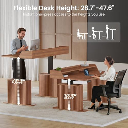 SEDETA Standing Desk with Storage, 55" Fluted Stand Up Desk with Power Outlets and LED Lights, Height-Adjustable Table with Monitor Shelf for Home Office & Gaming, Brown - color: Brown