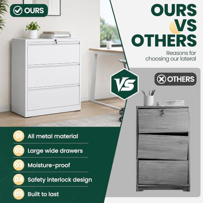 3 Drawer Lateral File Cabinet, Metal Filing Cabinet for Home Office, White | Heavy-Duty Steel Locking Large File Cabinet, Hanging Letter/Legal/A4 Size, Full-Extension Silent Drawer, Un-Assembly - color: White, size: 3 Drawers (35.43 in Width)