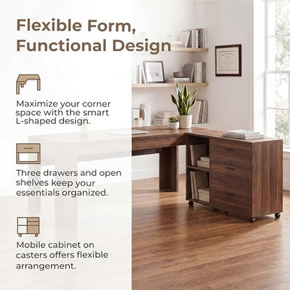 Tribesigns L Shaped Executive Desk with Drawers,Walnut | Large Office Desk with Rolling File Cabinet Combo,Home Office Computer Desk,Wooden Desk with Long Front Baffle - color: Walnut