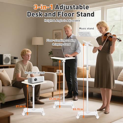 Rolling Book Stand with Wheels for Reading, Floor Standing Book Holder with Page Clips, 19"–51" Height Adjustable, Sturdy Podium Stand for Reading, Bible, Laptop, Cookbooks, or Projector - size: White with roller