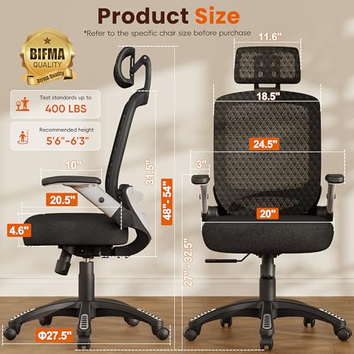 GABRYLLY Ergonomic Office Chair, High Back Home Desk Chair with Flip-Up Arms, 3D Headrest, Thick Sponge Seat &90-120° Recline, Big and Tall Mesh Executive Chairs for Man Woman, Midnight-Cloud - color: Midnight Cloud