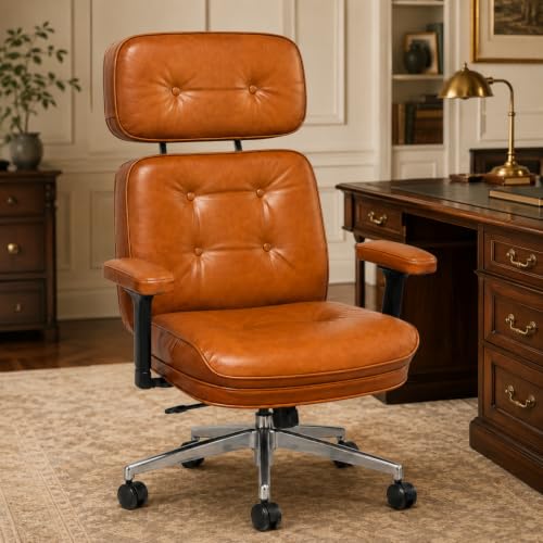 Genuine Leather Executive Office Chair, High Back Ergonomic Desk Chair with 135 Recline, Adjustable Armrests & Lumbar Support, Aluminum Base, Quiet Casters, Mid-Century Modern Rolling Chair, Brown