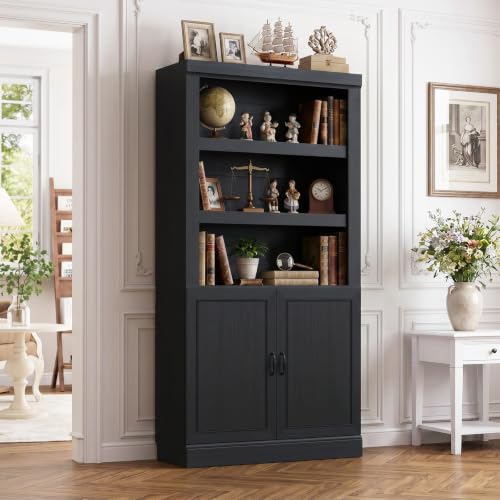 Unikito 71” Tall Bookshelf and Bookcase with Doors and Adjustable Shelves | 5-Tier Storage Book Cases, Thick Wood and Sturdy, Industrial Display Cabinet for Living Room, Home Office, Bedroom, Black - color: Black, size: 31.5 Inch