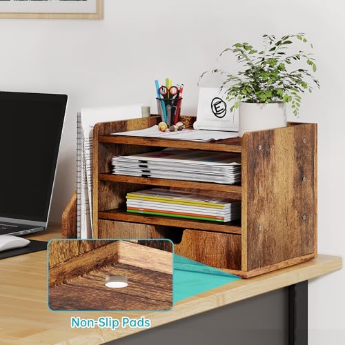 Wood Desk File Organizer with Side File Rack, Space-Efficient Design Easy to Assemble for Efficient Office Setup, Reduces Desk Clutter (Brown) - color: Brown