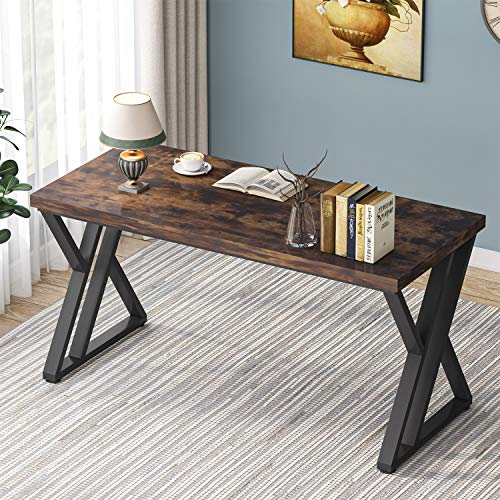 LITTLE TREE 55 Inch Large Simple Industrial Computer Desk Study Writing Table Home Office Workstation,Rustic Brown - color: Brown+black