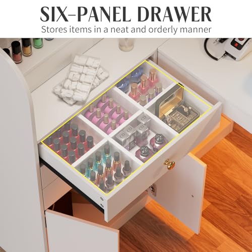 PAKASEPT L-Shaped Manicure Table with Shelves, Nail Table Desk w/Storage Drawers & Cabinet