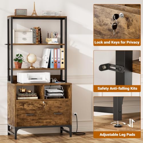 Homieasy Vertical File Cabinet with Shelves and Charging Station - color: Rustic Brown