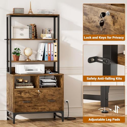 Homieasy Vertical File Cabinet with Shelves and Charging Station - color: Rustic Brown