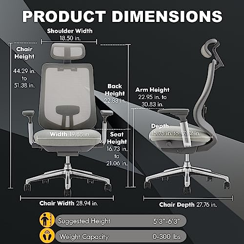 COLAMY Ergonomic Mesh Office Chair, High Back Executive Desk Chair with Adjustable Headrest, 4D Arm, Slide Seat, Tilt Lock, Lumbar Support, Light Grey