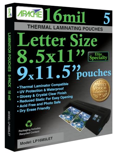Apache Letter Size Laminating Pouches, 16 Mil, 5 Pack, Holds 8.5x11 Inch Projects (9x11.5" Pouch Size), Thermal Laminator Compatible Laminating Sheets, Clear, Round Corners, Elite Specialty Line - size: LETTER 16mil 5 Pack Elite Specialty