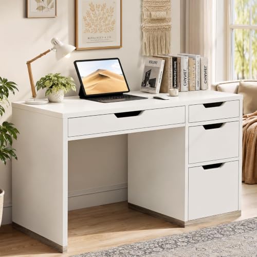 MaverickFurni White Desk with Drawers, 48 Inch Small Computer Desk for Bedroom, Modern Study Writing Desk with 4 Storage Drawers for Teens & Home Office - color: White, size: 48 Inch