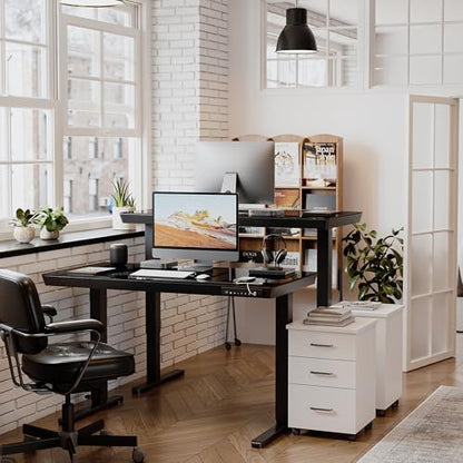 BANTI Electric Standing Desk with Drawers, 55 inch Whole-Piece Glass Desktop, Height Adjustable Stand up Sit Stand Home Office Ergonomic Workstation, Black Tabletop - color: Black, size: 55 Inch