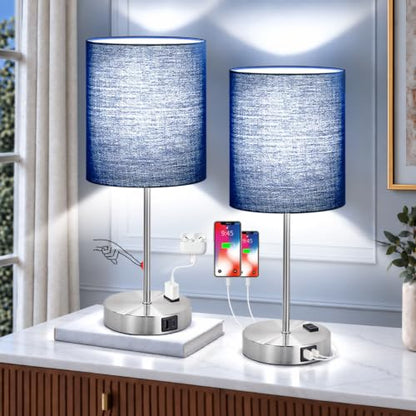 Set of 2 Touch Control Table Lamps with 2 USB & AC Outlet, 3-Way Dimmable Bedside Nightstand Lamps for Bedroom Living Room Nursery, 800 Lumens 5000K Daylight Bulbs Included - color: Navy Blue & Brushed Nickel