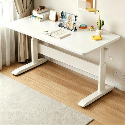Manual Crank Standing Desk Adjustable Height 23.6-33.5 inch, Steel Frame Computer Table with Solid Wood Eco-Board Desktop and Cable Management Hole, mesa Gamer for Home Office(White,55IN) - color: White, size: 55IN