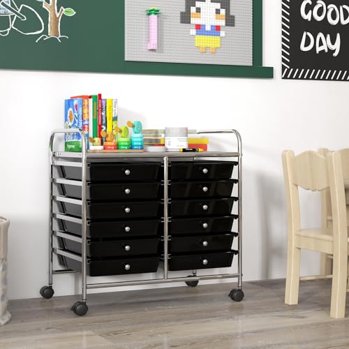 LDAILY Rolling Storage Cart with 12 Drawer for Classroom Storage, Black - color: Black, size: 12 Drawer