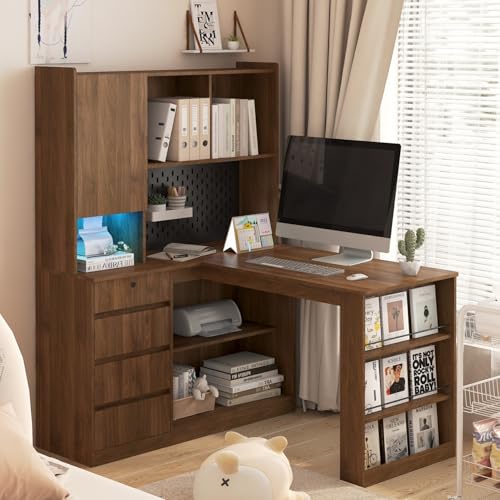 KEIKI L Shaped Home Office Desks with LED Light, Pegboard, Hutch, Drawers, Bookshelf & Storage Shelves, Modern Wooden Gaming Computer Corner Table for Work, Study, Writing - color: Walnut, size: Medium and Left Shelf