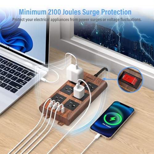 TOPREK Surge Protector Power Strip (2100J), 6 Widely-Spaced Outlets with 2 USB-C & 2 USB-A, 6.5 FT Extension Cord with Ultra-Thin Flat Plug, Wood Finish Power Strip with USB for Home, Office