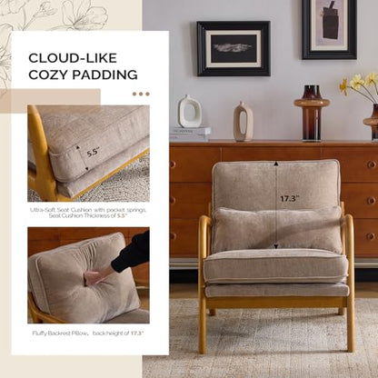 VINGLI Chenille Mid-Century Modern Accent Chair Set of 2, Cute Reading Arm Chair with Cushion & Lumbar Pillow & Solid Wood Frame for Lounge, Living Room, Reading Room, Bedroom, Light Khaki - color: Light Khaki