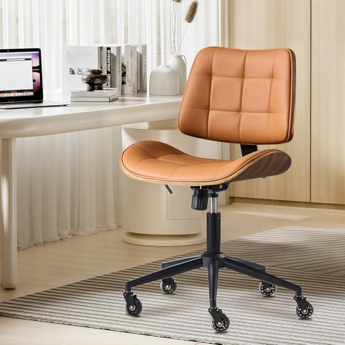BV Armless Office Chair with Rubber Wheels, 360° Swivel Adjustable Task Chair, PU Leather Rolling Desk Chair for Home Office, Study and Conference Room, Brown - color: Brown, size: Rubber Wheels Style
