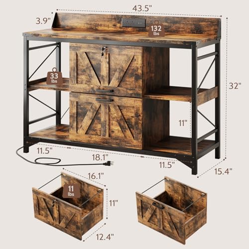 44" File Cabinet, Lateral Filing Cabinet for Home Office with 2 Drawers, Office Storage Cabinet with Lock and Key, Wooden Printer Stand with 4 Storage Shelves, Power Outlets, Bookshelf, Rustic Brown - color: Rustic Brown
