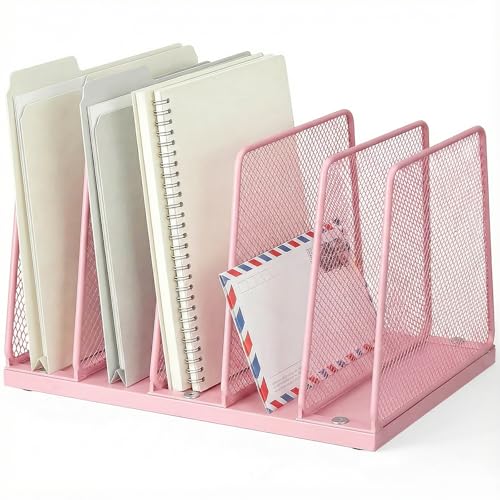 AUPSEN 5-Section File Organizer for Desk, Wood Mesh Desktop File Organizer, File Sorter Storage Rack, Vertical Folder Holder for Files, Magazines, Books (Pink) - color: Pink