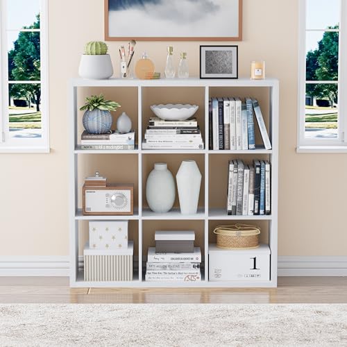 VDNEND Cube Storage Organizer Bookcase, Decorative 11 inch Open Back Cubical Shelf with Thickened Border, Display Bookshelf for Living Room, Home Office, Sturdy Room (White, 9 Cube) - color: White, size: 9 Cube,Standard