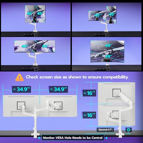 Dual Monitor Arm Desk Mount for 17-49 Inch Monitors Holds 44 lbs, White - color: White, size: Dual Monitor Mount - Standard