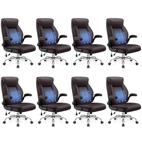 BestGlory Executive Office Chair with Lumbar Support, Big and Tall Ergonomic Computer Desk Chair, Leather Comfy High Back Gaming Chair with Flip Up Arms & Rocking Function for Home Office, Coffee - color: Coffee, size: 8 Pack
