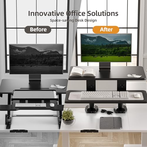 Claiks 24-Inch Sit-Stand Workstation，Innovative Space-Saving Height-Adjustable Ergonomic Desk Converter with Wide Keyboard Tray，Dual Fixation and Flexible Rotation Function, Black - color: Black, size: 24 inch