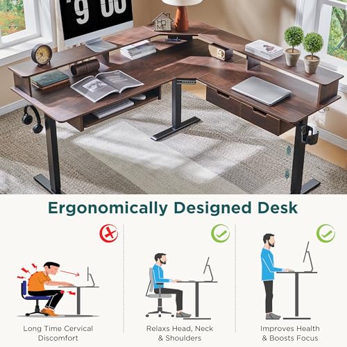 RedLemon 60 Inches L Shaped Electric Standing Desk 2 Tier, Dark Walnut - color: Dark Walnut, size: 60"X60"