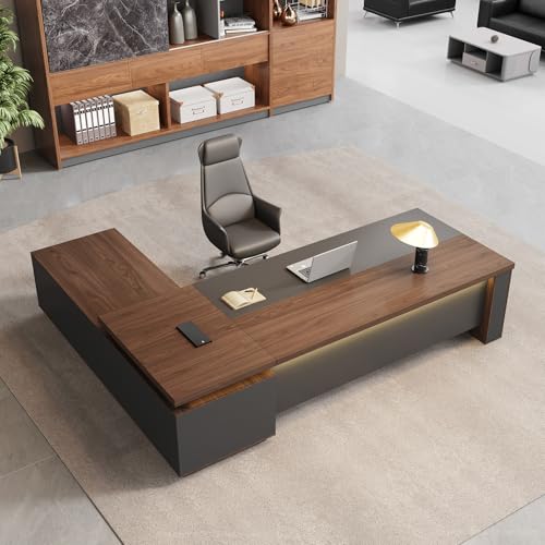 95" Reversible L-Shaped Executive Desk for CEO's Office - color: Red Walnut+graphite Gray, size: 95"L x 71"W