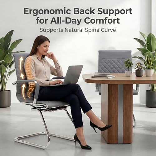 HNY Set of 2 PU Leather Office Guest Chairs, Grey - color: Grey