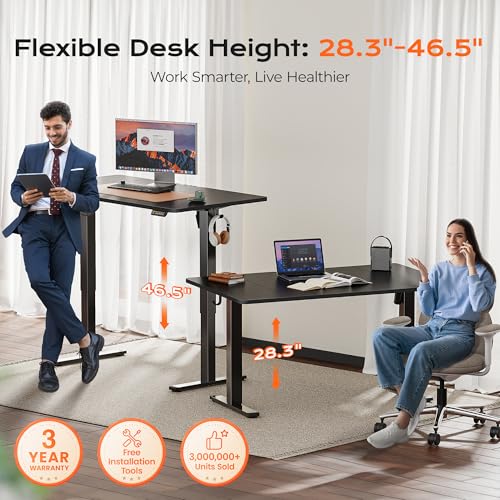 Huuger 55 x 28 Large Electric Standing Desk, Height Adjustable Computer Desk, 27.6" Deep Desktop, Stand up Gaming Office Table with 2 Hooks, 3 Preset Heights, for Home Office, Black - color: Black, size: 55*28 inch (no outlets)
