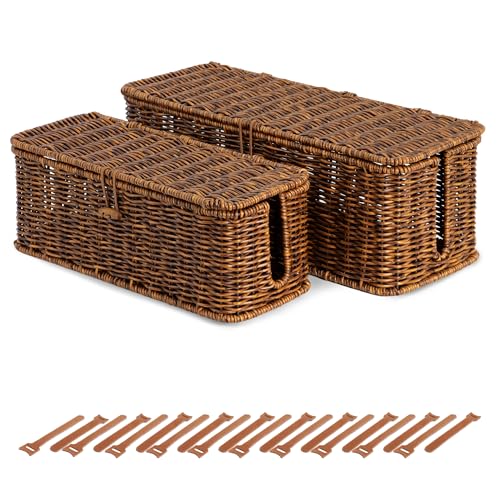 Cable Management Box, Cord Organizer with Lid & Cable Ties - Brown Set | Handmade Open Slots Cord Hider Outlet Covers for Power Strip TV PC Router Charger Under Desk Storage - color: Brown, size: Set (L+M)