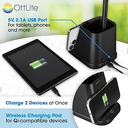 OttLite Merge LED Desk Lamp with Wireless Charging, Black