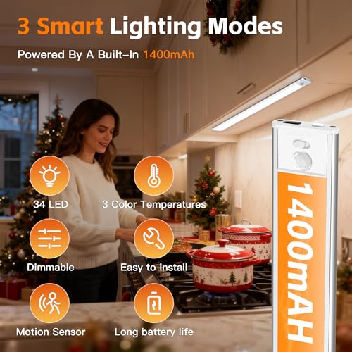 7.9 inch Motion Sensor Cabinet Lights, 4 Pack | 1400mAh, 34 LED Beads, USB-C Charging, 3 Color Temperatures, Magnetic Light Bar - size: 7.9inch -4Pack