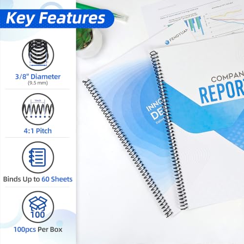 Rayson 3/8" Plastic Spiral Binding Coil, 60 Sheets Capacity, 4:1 Pitch 9.5mm Black Coil Binding Spines for Business and Educational Purposes, Pack of 100 - size: 3/8" (60 Sheets Capacity)