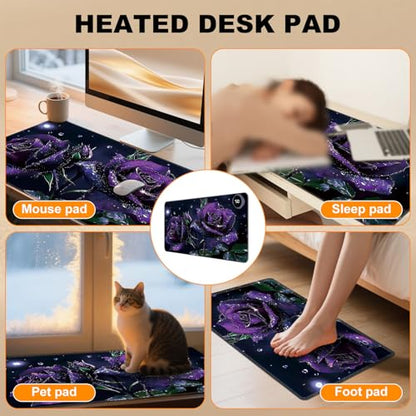 Heated Desk Pad 23.6" x 14.2" 3 Large Heated Mouse Pad with Heat Levels (40°C/45°C/50°C) & 3H Auto Shut-Off Desk Mat Fast Heating PU Leather Warmer Mousepad for Home Office - Purple Rose Flowers - color: Purple Rose Flowers, size: 23.6 x 14.2 inch
