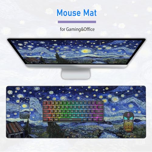 Starry Night Gaming Desk Mat,Large Van Gogh Art Mouse Pad,31.5x12 in | XL Extended Post-Impressionism Art Decor Mousepad,Stitched Edges & Micro Woven Cloth Washable Keyboard Mat,80x30cm - color: Starry Night