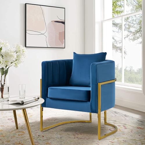 Velvet Accent Chair, Modern Barrel Arm Chair for Living Room/Bedroom/Guest Reception, Upholstered Club Armchair with Pillow & Gold Base, Navy Blue - color: Navy Blue, size: 1 PC
