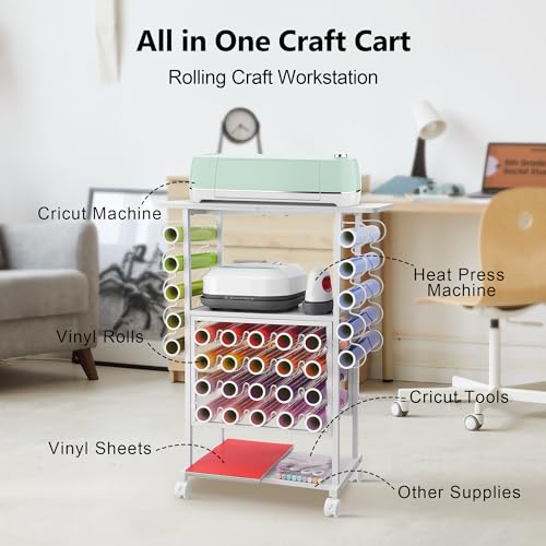 30 Vinyl Roll Holders for Cricut Cart, Organization and Storage Compatible with Cricut Maker Machine, Crafting Table Organization Workstation for Craft Room, 3 Tier Rolling Craft Cart for Small Spaces - color: White, size: Small