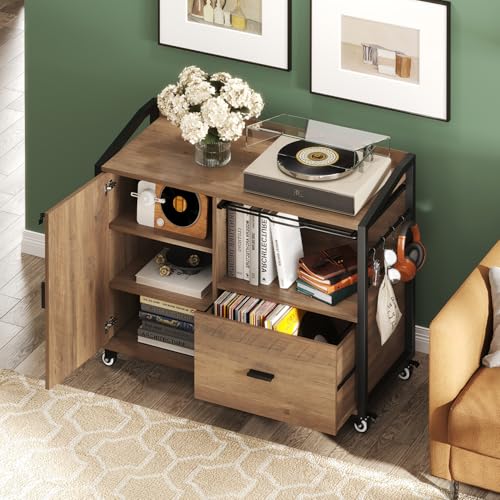 HSH Rolling File Cabinet with Lock, Mobile Lateral Filling Cabinet on Wheels, Wood Printer Stand with Storage Drawer, Modern File Cabinets Fits F4 Legal for Home Office, Rustic Oak, 33Inch - color: Rustic Oak