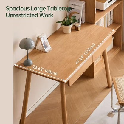 Solid Wood Desk, Mid Century Modern Home Office Desk, Computer Desk with Drawer for Writing Study Vanity 47.24" W - color: Natural-rubberwood, size: 47"W