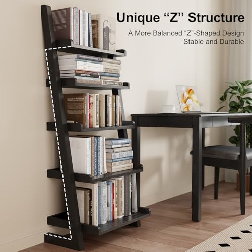 AQIMUELE Black Wooden Ladder Shelf with Edges, 5-Tier Modern Leaning Bookshelf Ladder – Stylish Space-Saving Bookcase for Living Room, Bedroom & Home Office - color: Black, size: 5-Tier