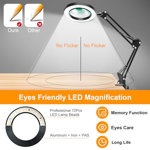 10X Magnifying Glass with Light and Stand, Magnifier with Light Hands Free, 3 Color Modes 10 Level Dimmable, Magnifying Real Glass LED Desk Lamp for Close Work, Repair, Reading, Craft, Black - color: Black
